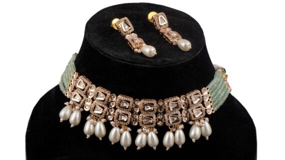 Kundan with AD and pearl chokar set green colour