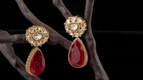 Gold Plated Kundan Polki & Ruby Drop Earrings