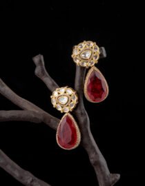 Gold Plated Kundan Polki & Ruby Drop Earrings