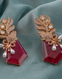 Gold Plated Red Stone & Pearl Drop Earrings