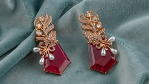Gold Plated Red Stone & Pearl Drop Earrings