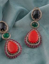 Carved Stone Teardrop Earrings in Ruby, Emerald & Black