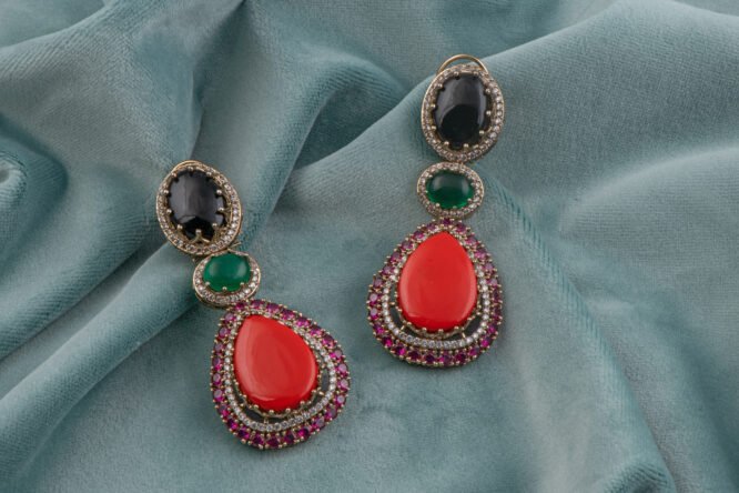 Carved Stone Teardrop Earrings in Ruby, Emerald & Black