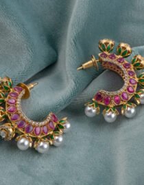 Gold Plated Kundan Chandbali Earrings with Pink Stones & Pearls
