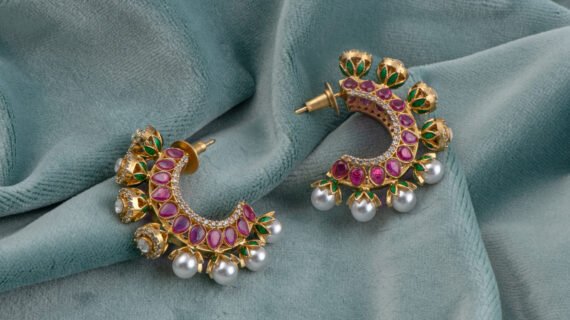 Gold Plated Kundan Chandbali Earrings with Pink Stones & Pearls