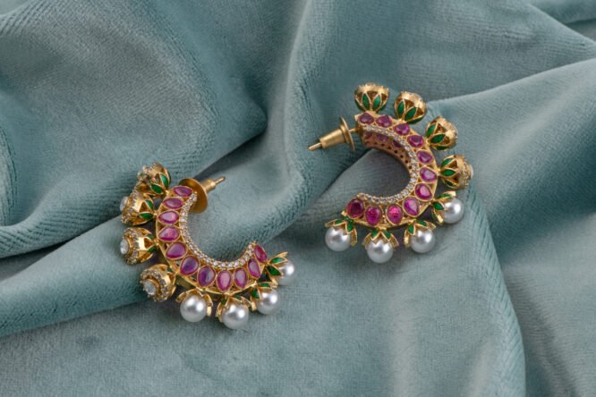 Gold Plated Kundan Chandbali Earrings with Pink Stones & Pearls