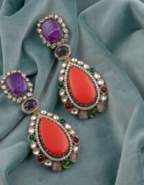 Kundan Polki Red Teardrop Victorian Fusion Drop Earrings