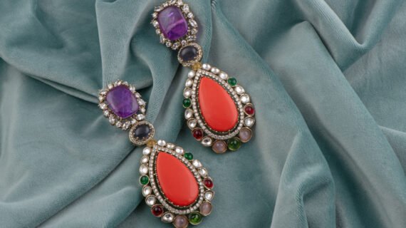 Kundan Polki Red Teardrop Victorian Fusion Drop Earrings