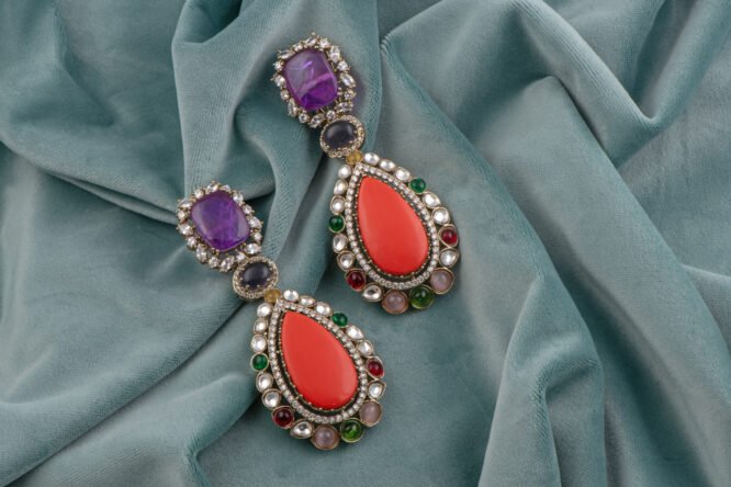 Kundan Polki Red Teardrop Victorian Fusion Drop Earrings