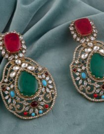 Gold Finish Moissanite Polki Dangler Earrings with CZ