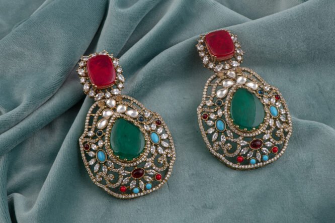 Gold Finish Moissanite Polki Dangler Earrings with CZ