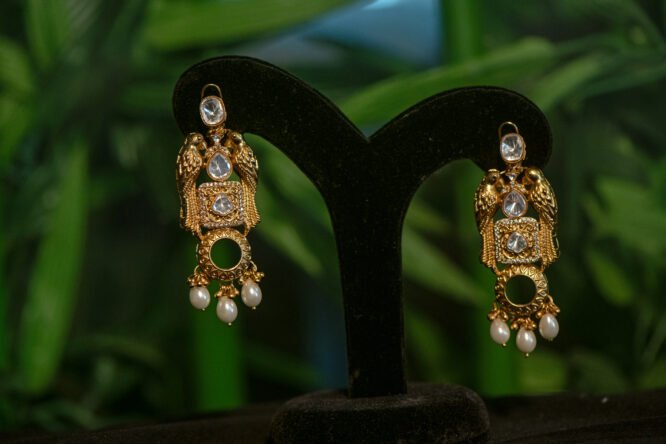 Gold Plated Kundan Pearl Parrot Design Earrings