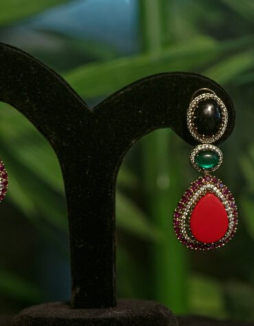 Carved Stone Teardrop Earrings in Ruby, Emerald & Black