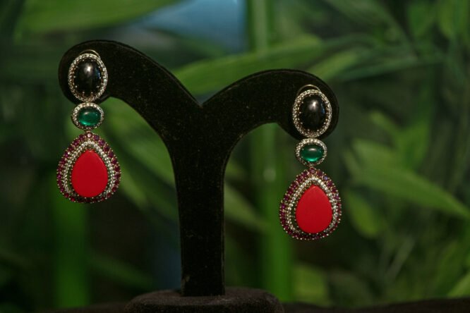 Carved Stone Teardrop Earrings in Ruby, Emerald & Black