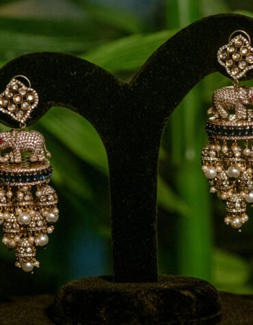 Gold Plated Kundan & AD Blue Stone Elephant Design Earrings
