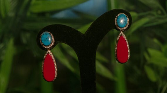 Gold Plated Firoza & Red Doublet Stone AD Earrings