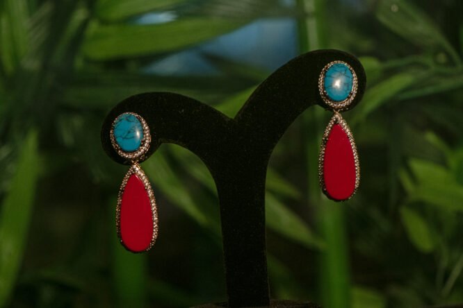 Gold Plated Firoza & Red Doublet Stone AD Earrings