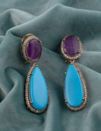 Gold Plated Turquoise & Amethyst Drop Earrings with CZ