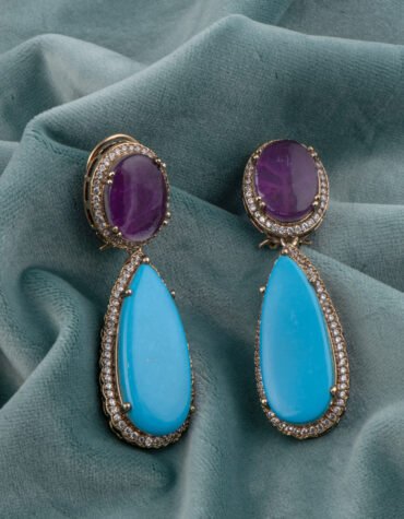 Gold Plated Turquoise & Amethyst Drop Earrings with CZ