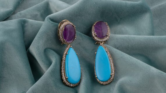 Gold Plated Turquoise & Amethyst Drop Earrings with CZ