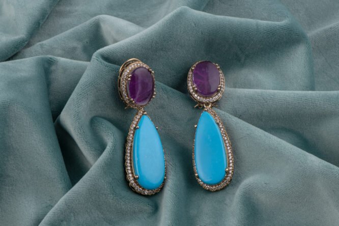 Gold Plated Turquoise & Amethyst Drop Earrings with CZ