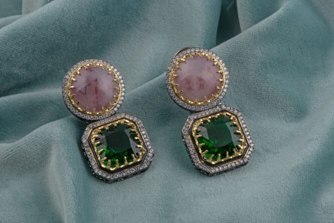 Dual Tone Pink & Green Gemstone Earrings