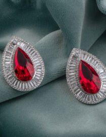 Rhodium Polished Ruby Drop Baguette Earrings