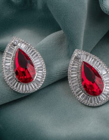 Rhodium Polished Ruby Drop Baguette Earrings