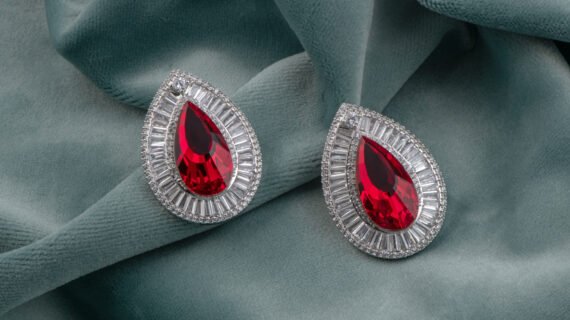 Rhodium Polished Ruby Drop Baguette Earrings