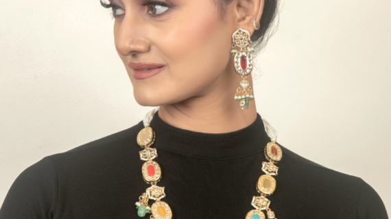 Navaratna Polki Kundan Long Statement Necklace