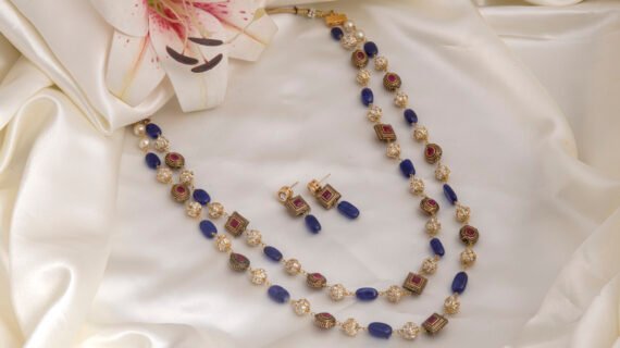 Gold Polished Tanjore Mala Blue