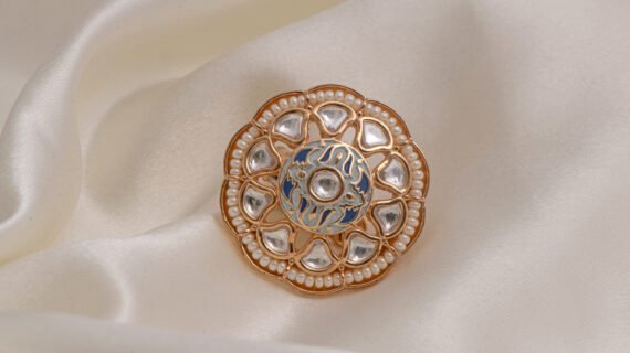Gold Polished Meenakari Kundan Ring