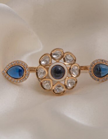 Gold Polished Kundan & CZ Double Finger Ring