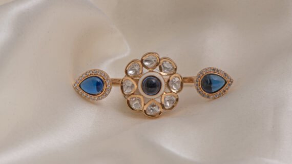 Gold Polished Kundan & CZ Double Finger Ring