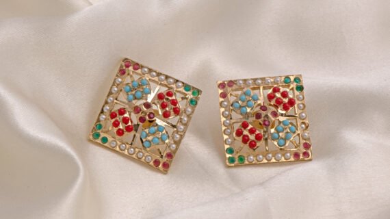 Gold Polished Navratan Jadau Square Studs