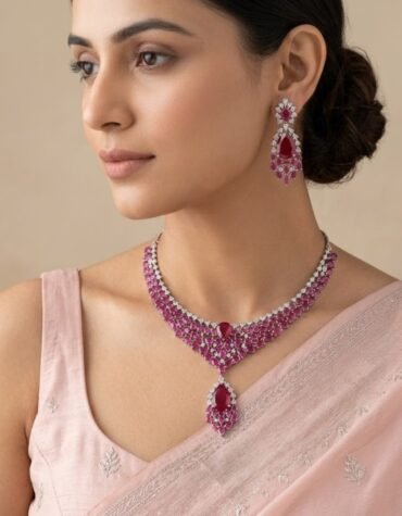 Rhodium Polished Imperial Ruby Necklace Set