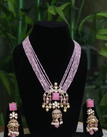 Pink Beaded Peacock Necklace Set