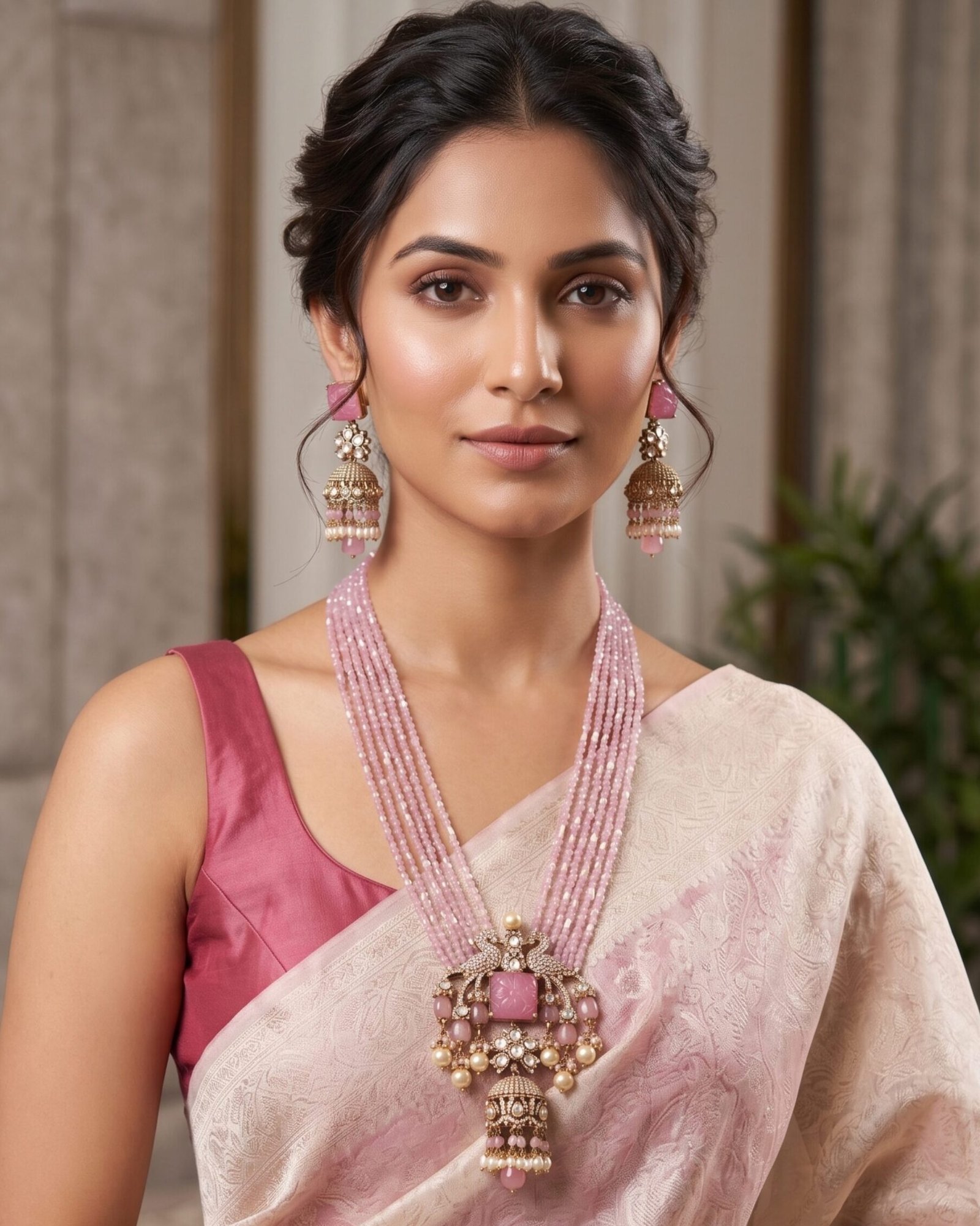 Pink Beaded Peacock Necklace Set