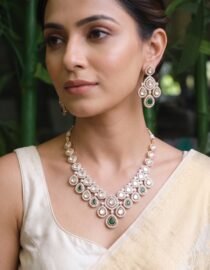 Elegant Kundan Necklace Set with Green Drops