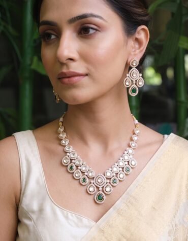 Elegant Kundan Necklace Set with Green Drops