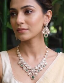 Elegant Kundan Necklace Set with Green Drops
