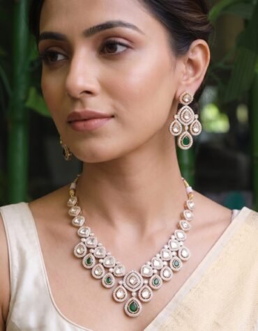 Elegant Kundan Necklace Set with Green Drops