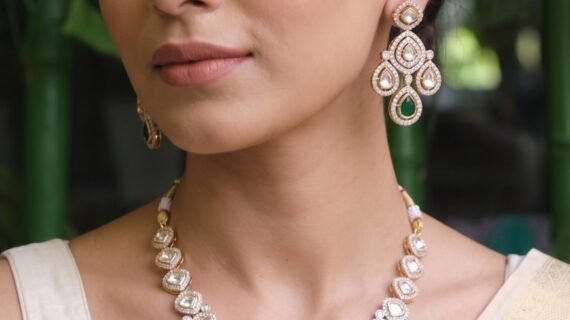 Elegant Kundan Necklace Set with Green Drops