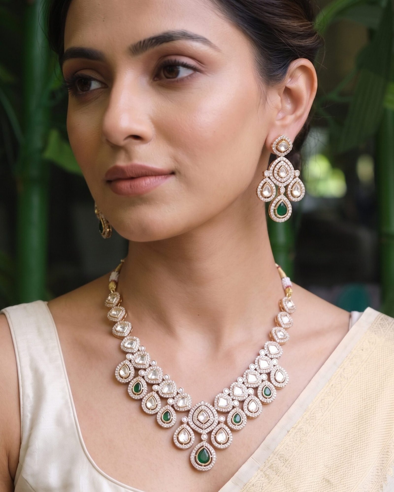 Elegant Kundan Necklace Set with Green Drops