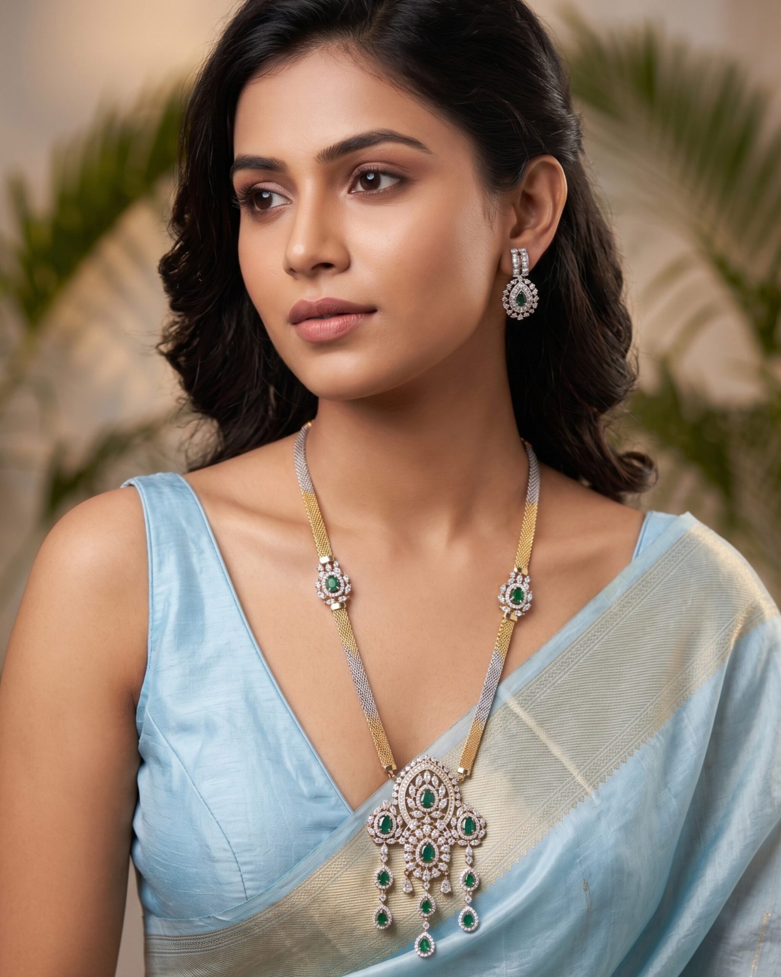 Dual Tone Green Stone Necklace Set