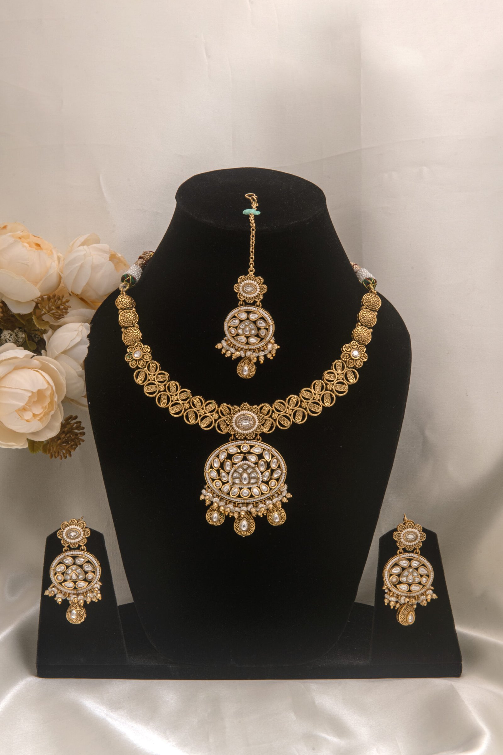 rajwadi necklace set with maang tikka antique gold bridal set