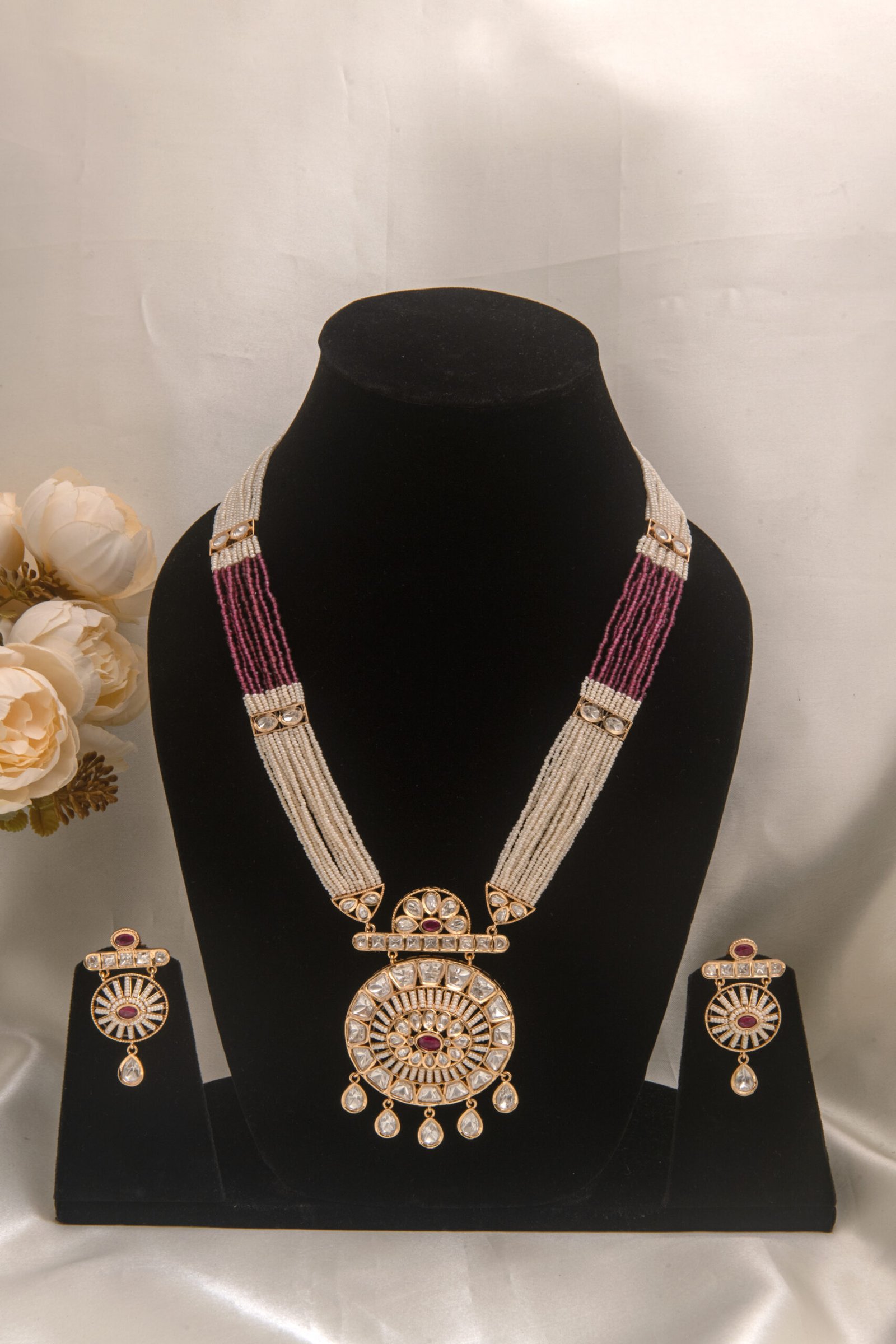 24 Carat Gold Polished Heritage Maroon White Rani Haar with Big Surya Pendant