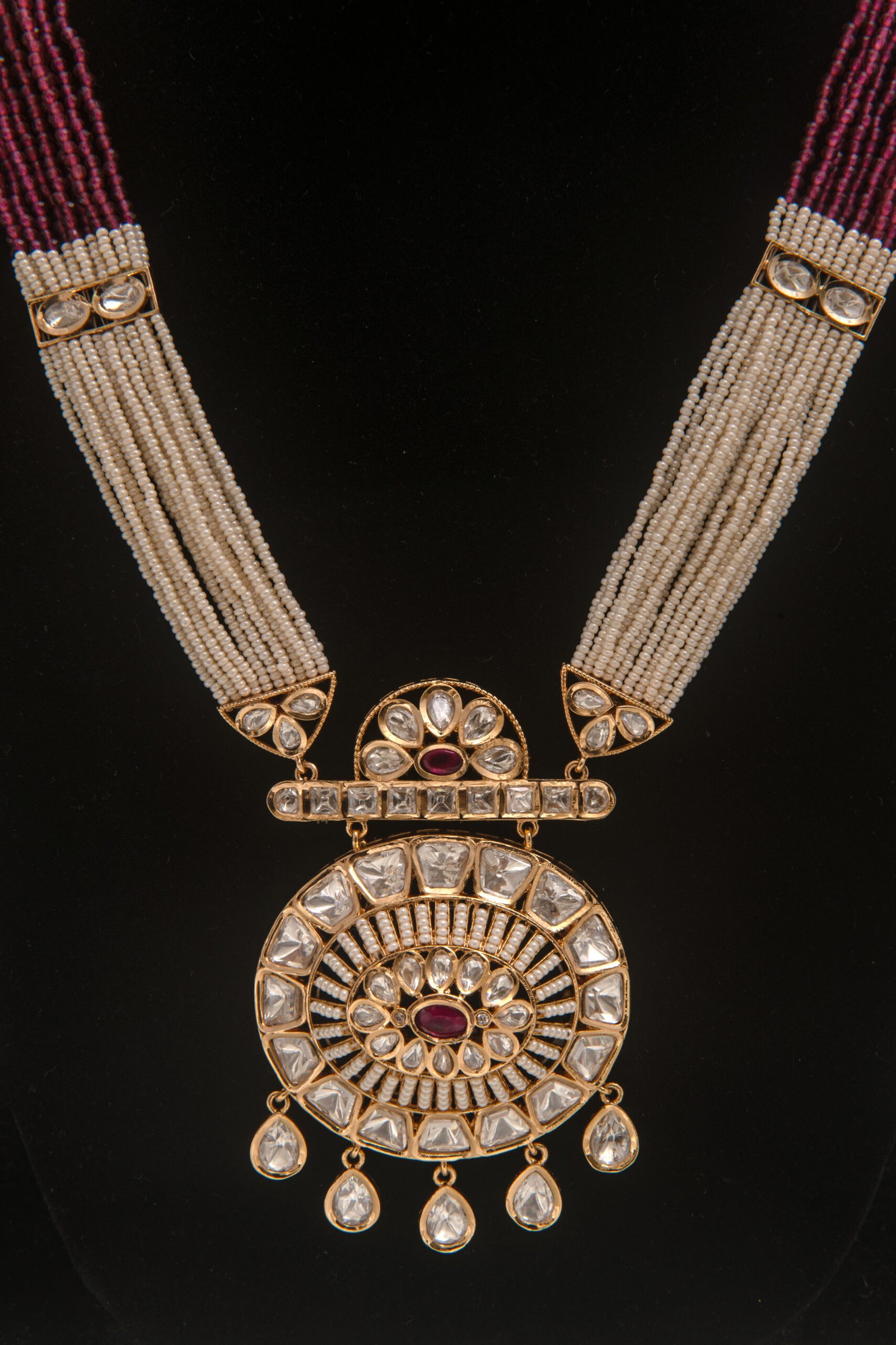 24 Carat Gold Polished Heritage Maroon White Rani Haar with Big Surya Pendant - Image 6