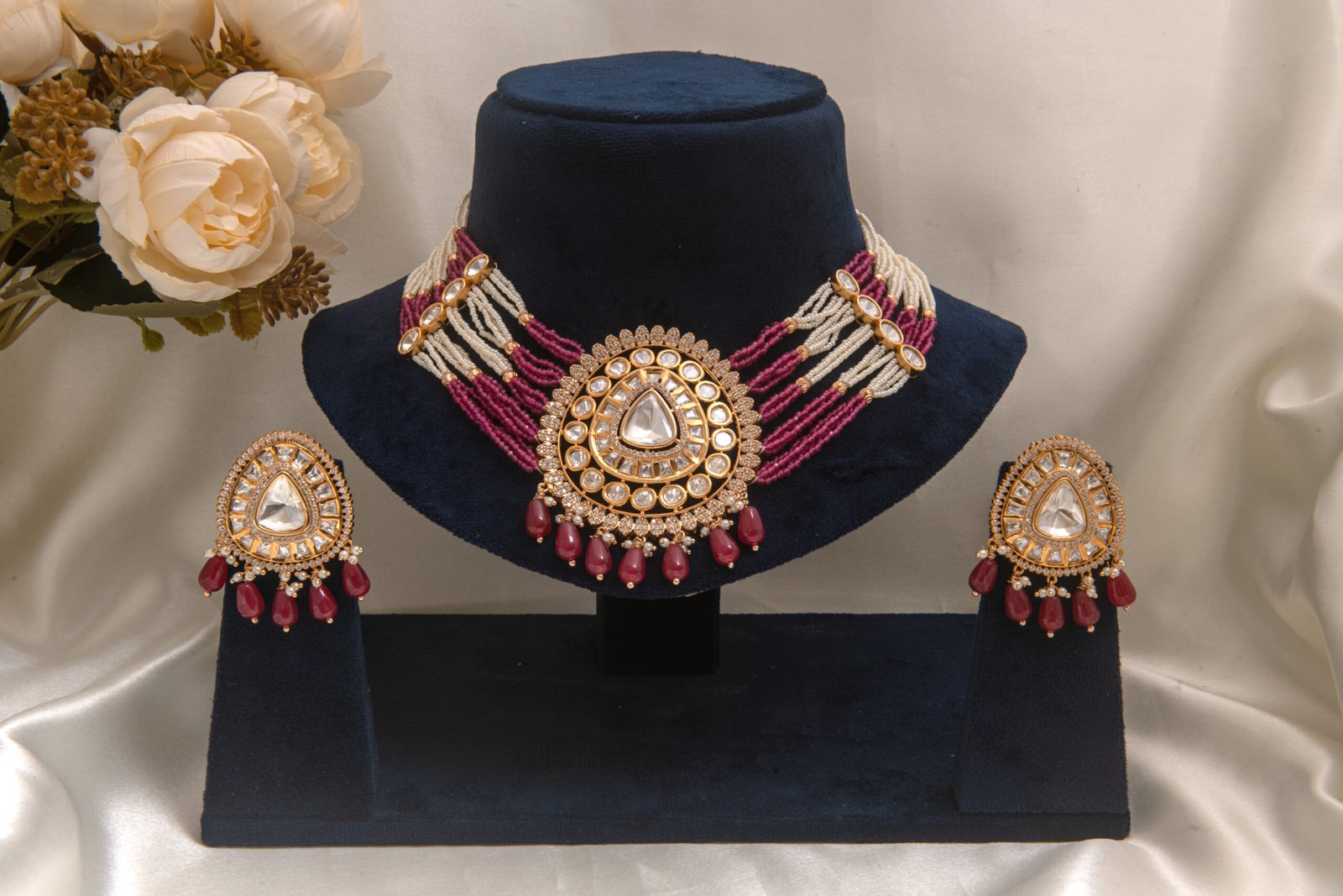 18 Carat Rose Gold Polish Royal Handcrafted Maroon & Ivory Beaded Kundan Chokar Set with with Earrings.