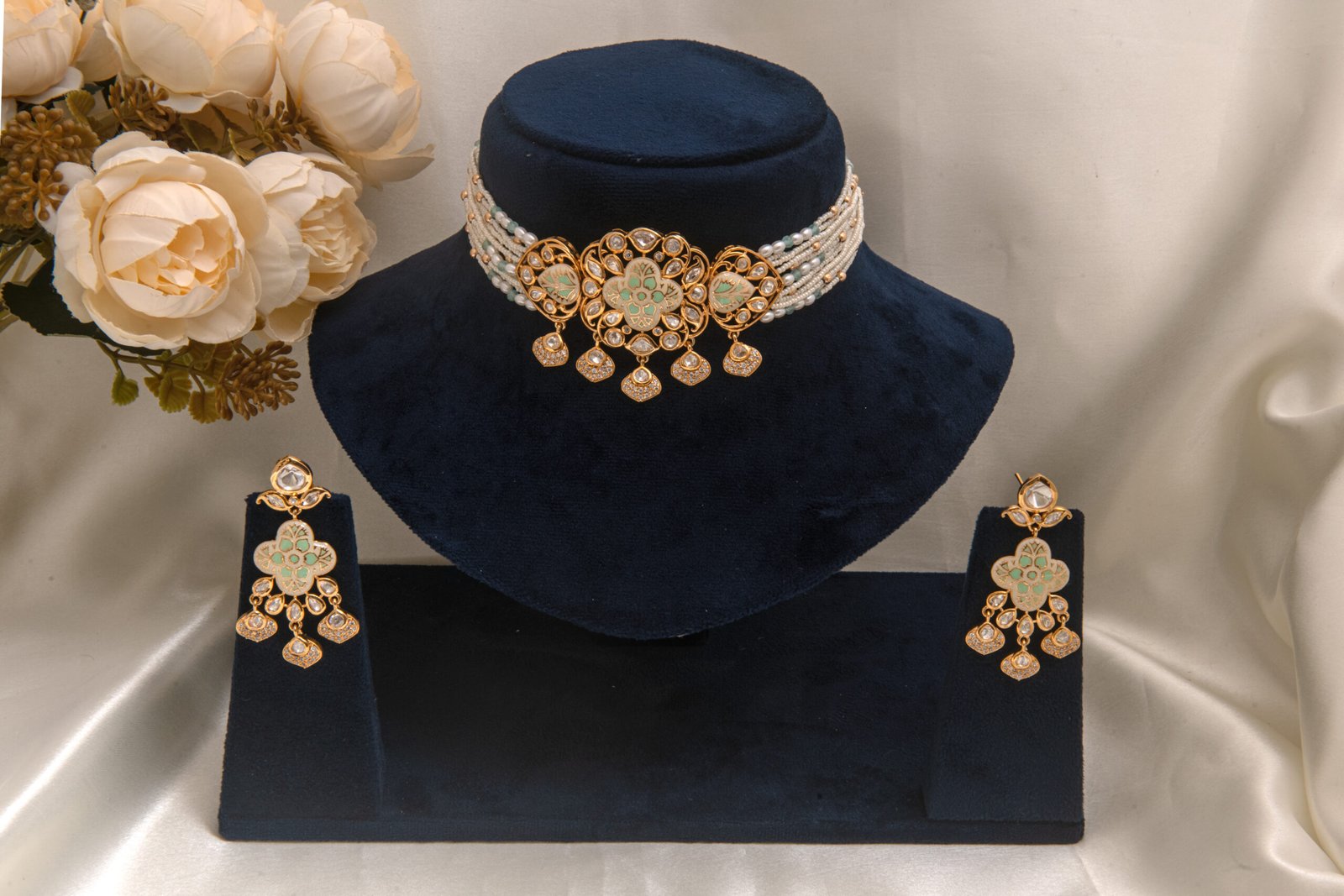 22kt Gold Polish Pista Mint Pachi Kundan Pearl Chokar Set with Mint